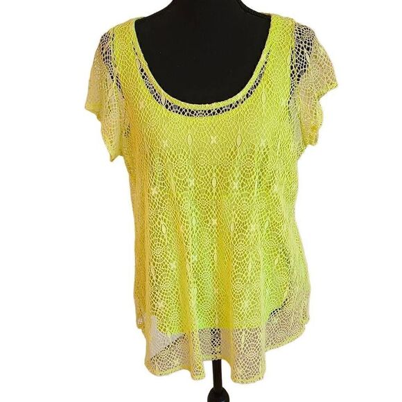Peter Nygard Womens Yellow Crochet Short Sleeve Top With Matching Tank Petite Me - Picture 1 of 10